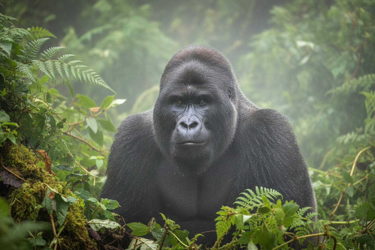 Mountain gorilla in natural forest habitat — Volcanoes National Park Rwanda gorilla trekking safari